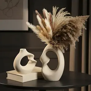 PUREZENTO Unique White Ceramic Donut Vase 8.5 & 5.7 Inch – Set of 2 | Decorative Donut Vase for Dried Flowers & Pampas Grass | Vases for Modern Home Decor, Living Room, Office Decor Ideas